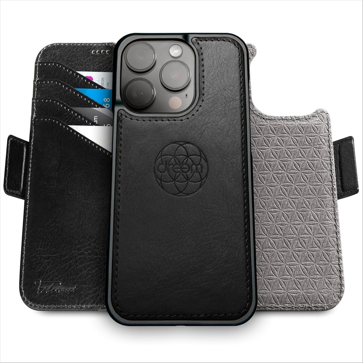 Dreem for iPhone 16 Pro Max Case Wallet, Revolutionary Phone Stand, Vegan Leather, MagSafe-Fit, Magnetic Detachable Flip Cover, RFID Blocking Card Holder, Gift-Box [Fibonacci:Black]