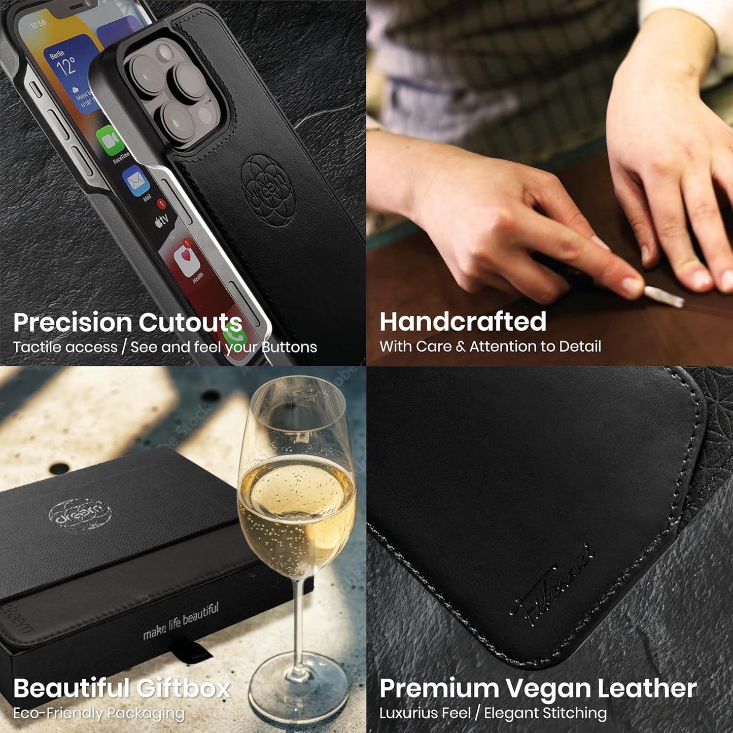 Dreem for iPhone 16 Pro Max Case Wallet, Revolutionary Phone Stand, Vegan Leather, MagSafe-Fit, Magnetic Detachable Flip Cover, RFID Blocking Card Holder, Gift-Box [Fibonacci:Black]