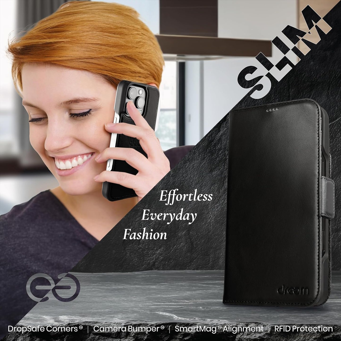 Dreem for iPhone 16 Pro Max Case Wallet, Revolutionary Phone Stand, Vegan Leather, MagSafe-Fit, Magnetic Detachable Flip Cover, RFID Blocking Card Holder, Gift-Box [Fibonacci:Black]