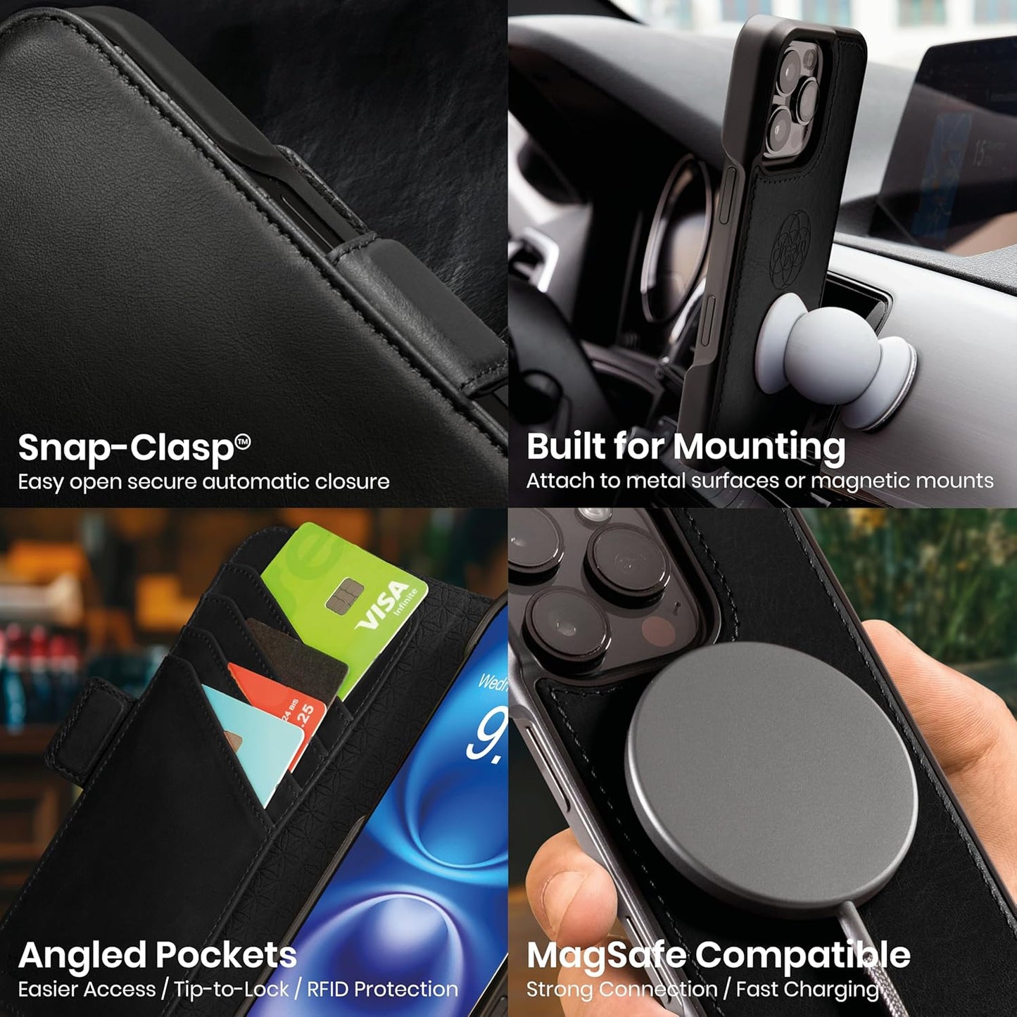 Dreem for iPhone 16 Pro Max Case Wallet, Revolutionary Phone Stand, Vegan Leather, MagSafe-Fit, Magnetic Detachable Flip Cover, RFID Blocking Card Holder, Gift-Box [Fibonacci:Black]