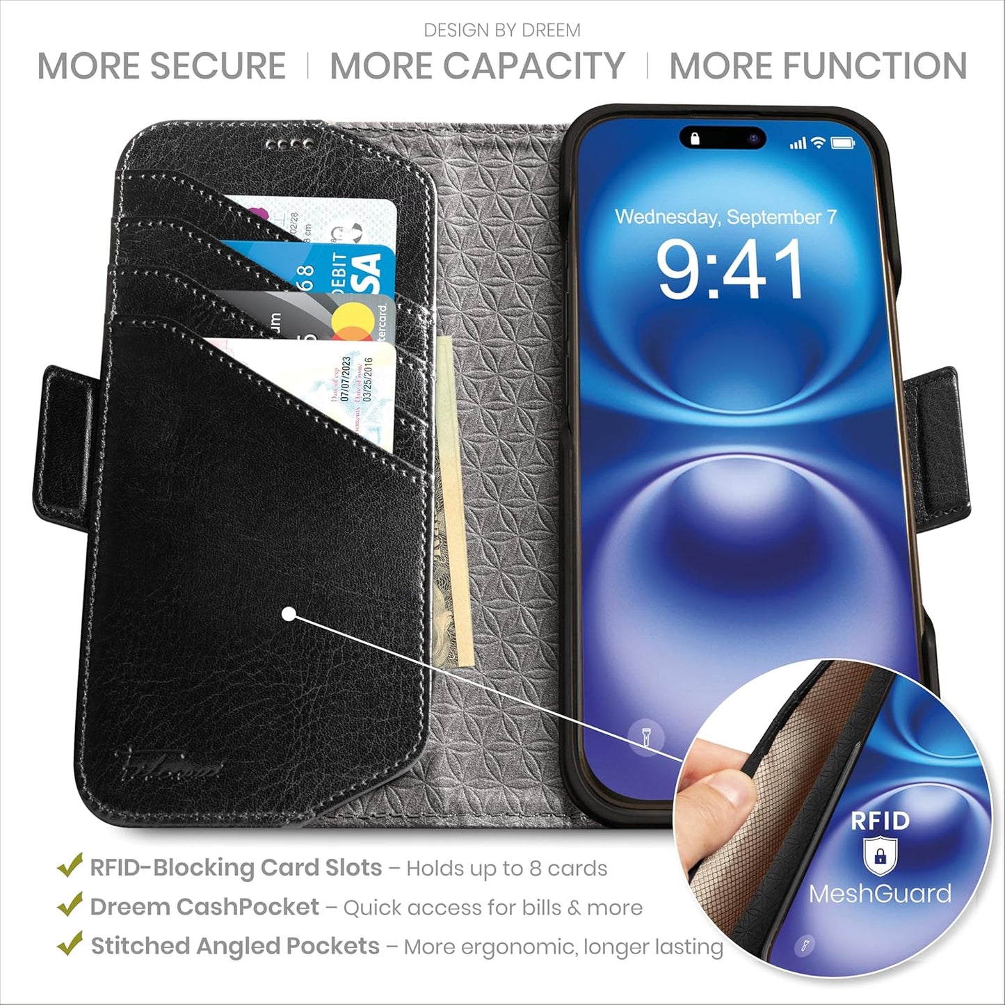 Dreem for iPhone 16 Pro Max Case Wallet, Revolutionary Phone Stand, Vegan Leather, MagSafe-Fit, Magnetic Detachable Flip Cover, RFID Blocking Card Holder, Gift-Box [Fibonacci:Black]