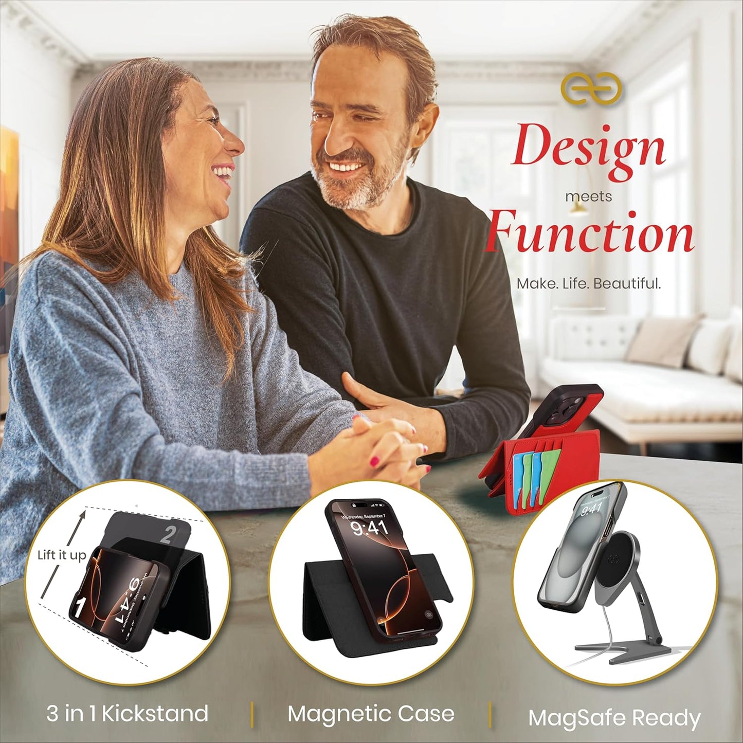 Dreem for iPhone 16 Pro Max Case Wallet, Revolutionary Phone Stand, Vegan Leather, MagSafe-Fit, Magnetic Detachable Flip Cover, RFID Blocking Card Holder, Gift-Box [Fibonacci:Black]