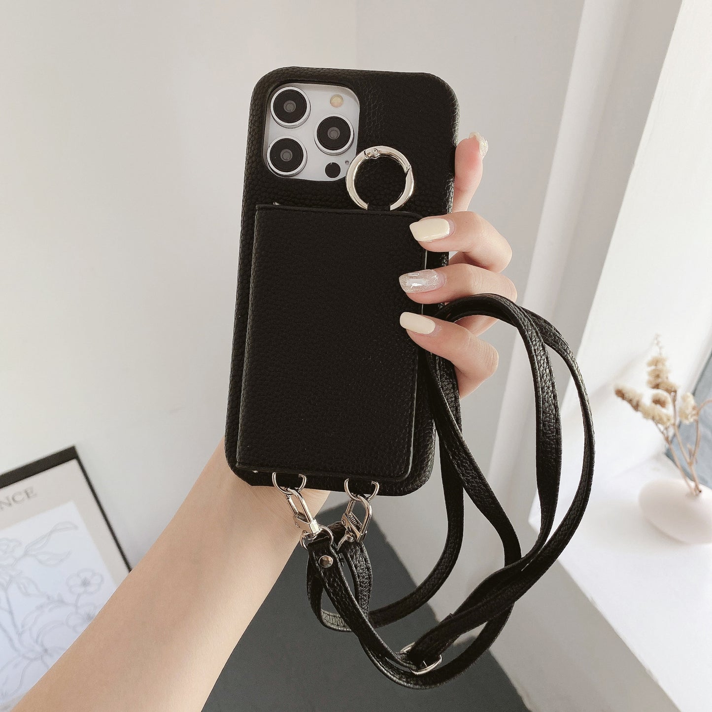 Lychee Pattern Left And Right Open Beauty Mirror Lanyard Phone Case